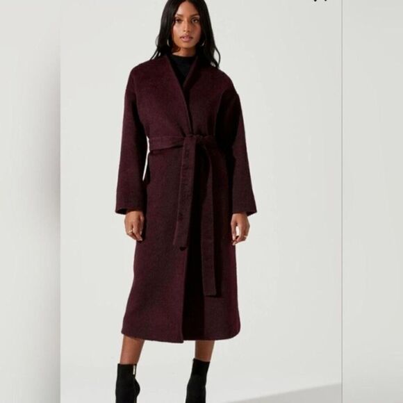 ASTR The Label Wool Blend Coat Size Large Purple Collarless Pockets Tie Waist - Picture 2 of 5